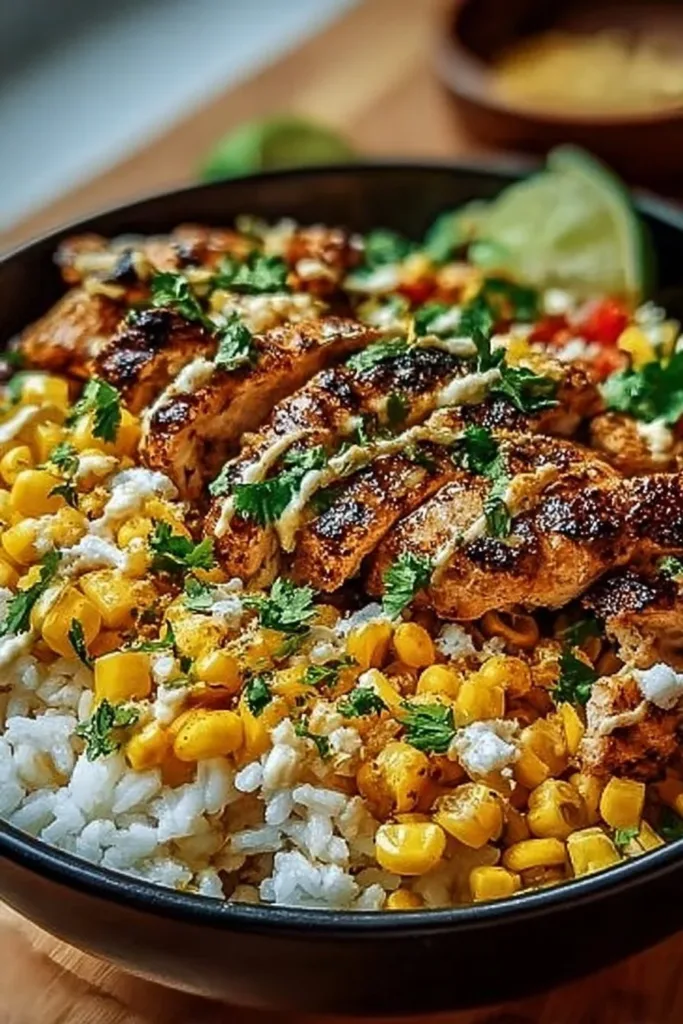 Vibrant Street Corn Chicken Rice Bowl 3 Vibrant street corn chicken rice bowl topped with fresh ingredients and spices