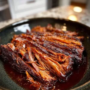 Juicy BBQ brisket served on a wooden platter, perfect for family gatherings