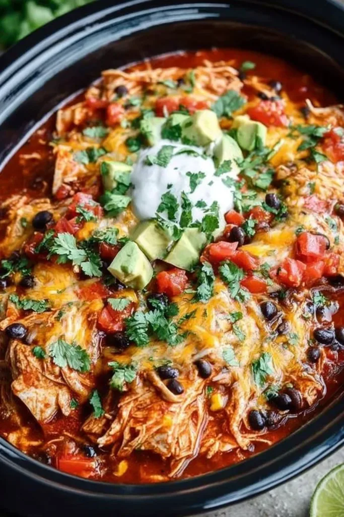 Delicious chicken enchilada served in a cozy crock pot, ideal for comfort food nights.