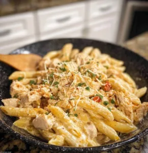 Delicious plate of Cajun Chicken Pasta garnished with herbs