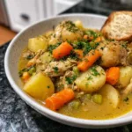 Delicious slow cooker chicken stew in a bowl with fresh herbs