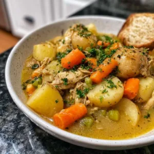 Delicious slow cooker chicken stew in a bowl with fresh herbs