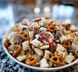 Bowl of cozy gluten free reindeer chow with festive decorations