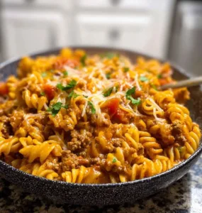 Delicious cheesy taco pasta served in a colorful bowl with toppings