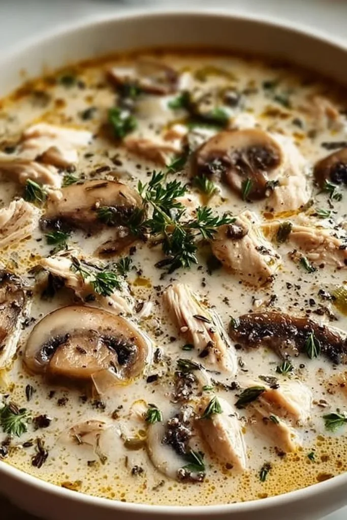 Bowl of creamy chicken mushroom soup garnished with fresh herbs.