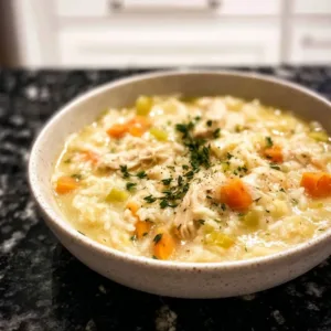 Delicious stovetop chicken rice soup in a bowl garnished with herbs