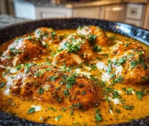 Delicious Cowboy Butter Chicken served with rice and garnished with herbs.