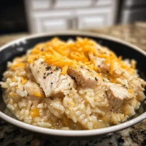 Delicious crock pot chicken and rice served in a bowl with fresh herbs.