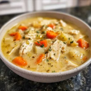 Cozy chicken pot pie soup in a bowl topped with fresh herbs and flaky pastry
