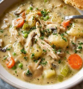 A bowl of cozy chicken pot pie soup garnished with herbs and biscuits.
