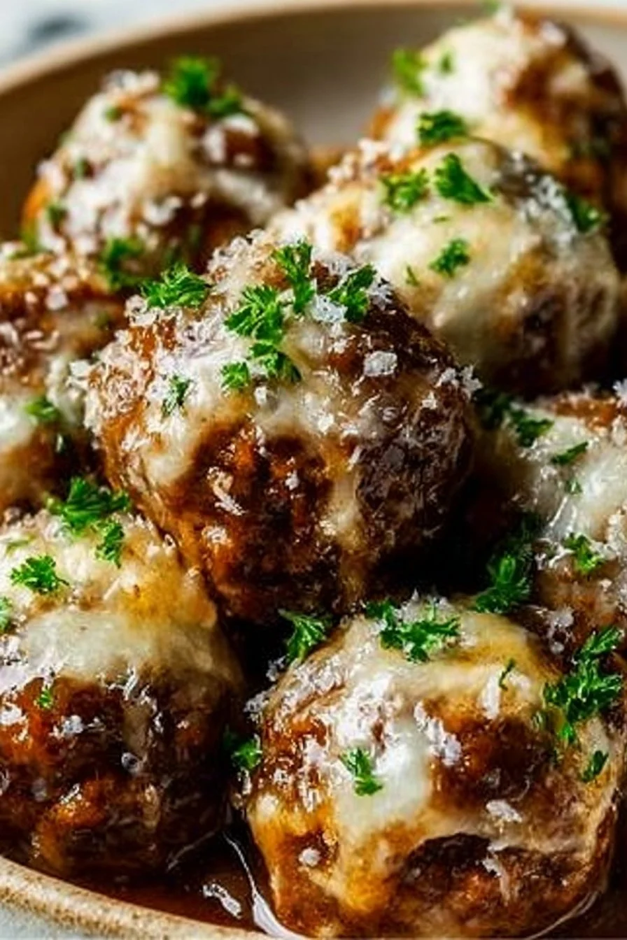 Cozy Crockpot French Onion Meatballs