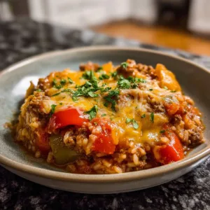 Cozy crockpot stuffed pepper casserole served in a bowl with toppings.