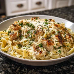Cozy Garlic Parmesan Chicken Pasta dish garnished with herbs and cheese