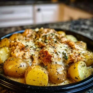 Cozy garlic parmesan crockpot chicken and potatoes ready to serve