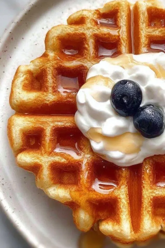 Deliciously golden sourdough waffles stacked with butter and syrup