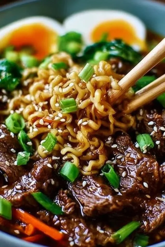 Cozy bowl of slow cooker beef ramen noodles garnished with green onions