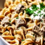 Cozy slow cooker beef stroganoff topped with fresh parsley in a bowl.