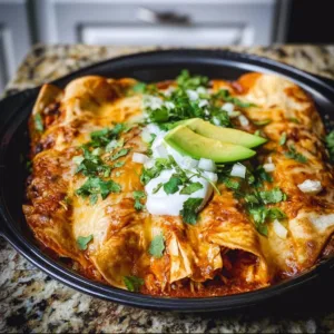 Slow cooker chicken enchiladas garnished with cheese and cilantro