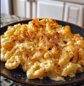 Cozy slow cooker mac and cheese in a bowl, topped with golden breadcrumbs.