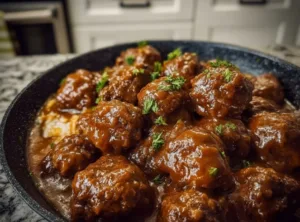 Cozy Slow Cooker Salisbury Steak Meatballs served with rich gravy and mashed potatoes