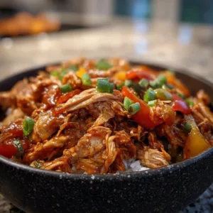 Cozy Slow Cooker Sweet Chili Chicken served in a bowl with fresh herbs