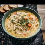 Creamy chicken soup in a bowl with fresh herbs on top