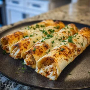 Plate of crispy chicken taquitos garnished with fresh toppings