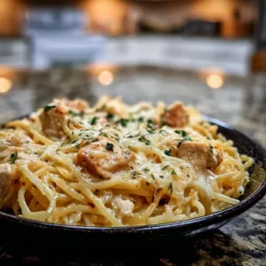 Crockpot Cheesy Chicken Spaghetti served in a bowl with garnish.