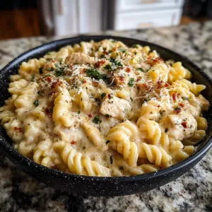 Crockpot Garlic Parmesan Chicken Pasta ready to serve in a bowl