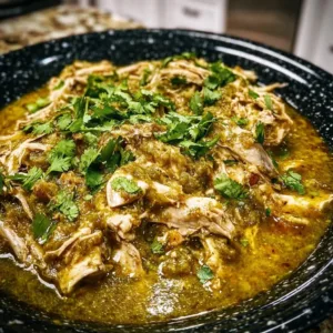 Green Sauce Crockpot Chicken served in a bowl with fresh herbs on top.