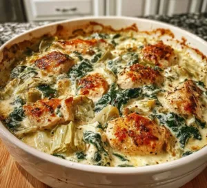 High-protein spinach artichoke chicken casserole served in a dish