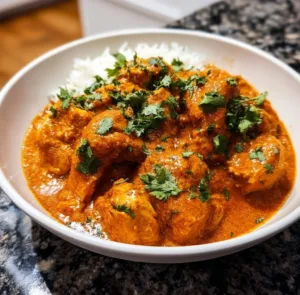 Delicious juicy slow cooker butter chicken served with rice and cilantro