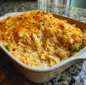 One-Pan Cheesy Chicken and Rice Casserole served in a dish