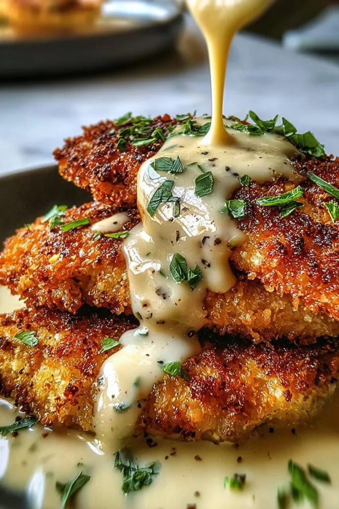 Parmesan Crusted Chicken served with creamy garlic sauce on a plate