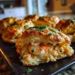 Delicious shrimp and crab biscuits served on a rustic wooden table