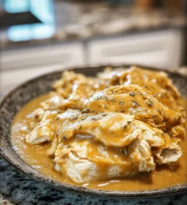 Slow Cooker Chicken with savory gravy served on a plate