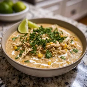 Slow Cooker Creamy White Chicken Chili 2 Bowl of slow cooker creamy white chicken chili topped with cilantro