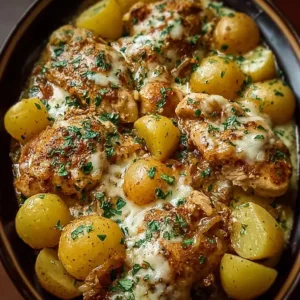 Slow Cooker Garlic Parmesan Chicken and Potatoes dish served on a plate