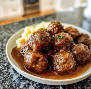 Slow Cooker Salisbury Steak Meatballs served with gravy and mashed potatoes