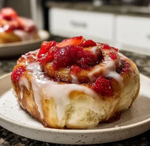 Strawberry Cheesecake Cinnabon Rolls 2 Strawberry Cheesecake Cinnabon Rolls topped with cream cheese frosting.