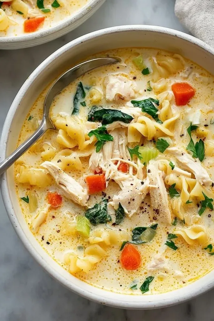 Cozy chicken soup in a bowl, perfect for comforting nights.