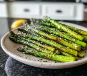 Plate of crispy air fryer asparagus garnished with lemon and herbs