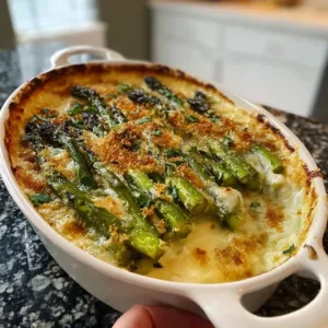 Delicious Asparagus Gratin served hot with a cheesy topping