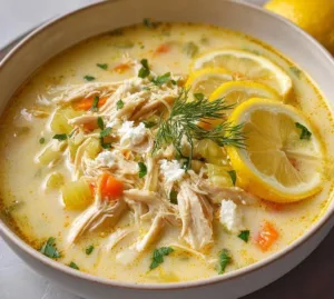 A bowl of traditional Avgolemono, Greek lemon chicken soup garnished with herbs.