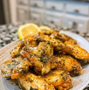Baked lemon pepper chicken wings garnished with fresh herbs and lemon slices