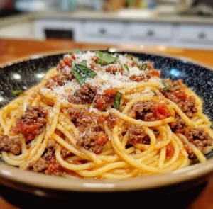Plate of beef spaghetti dinner garnished with herbs and parmesan cheese