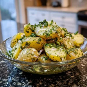 A bowl of the best herb potato salad with fresh herbs and ingredients
