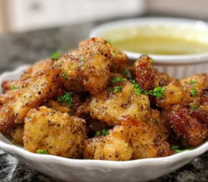 Delicious boneless lemon pepper chicken wings on a plate with dipping sauce