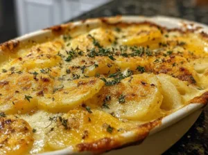Cheesy au gratin potatoes topped with golden cheese and herbs
