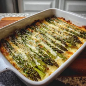 Cheesy baked asparagus with a crispy topping served on a plate
